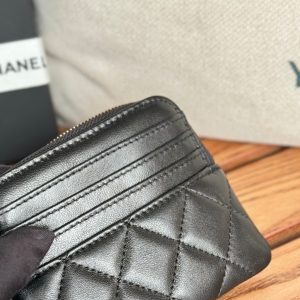 CC Zip Card Holder Wallet Black Gold Metal Lamskin 240617