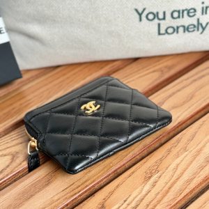 CC Zip Card Holder Wallet Black Gold Metal Lamskin 240617