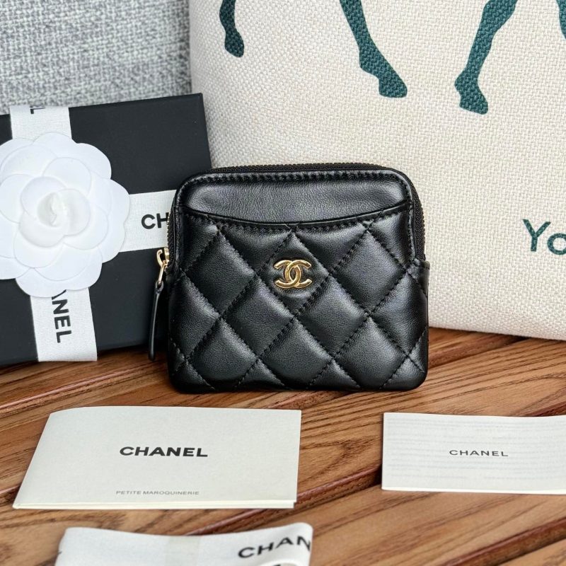 CC Zip Card Holder Wallet Black Gold Metal Lamskin 240617