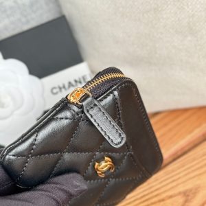 CC Zip Card Holder Wallet Black Gold Metal Lamskin 240617