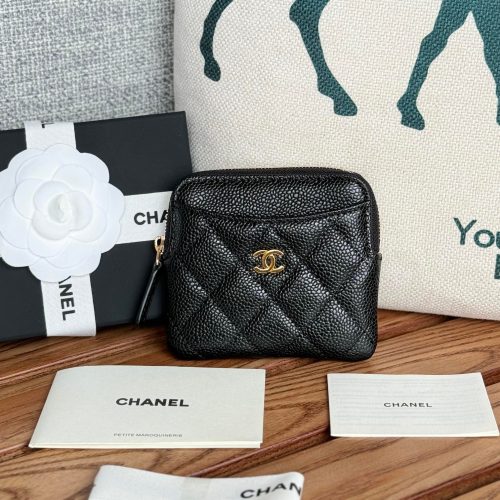 CC Zip Card Holder Wallet Black Gold Metal Caviar 240620