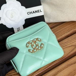 cc 19 zipped coin purse 11cm turquoise blue lambskin gold hardware
