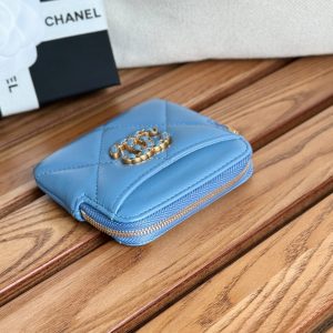 cc 19 zipped coin purse 11cm blue lambskin gold hardware