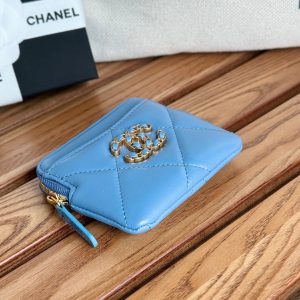 cc 19 zipped coin purse 11cm blue lambskin gold hardware