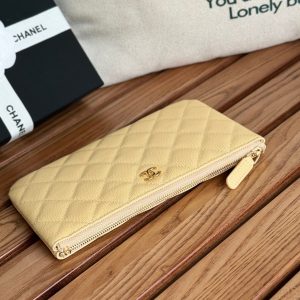 cc zipped wallet 20cm light yellow quilted caviar gold hardware