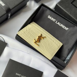 YSL Card Holder 10cm Wallet Cream Gold Crocodile Leather 240565