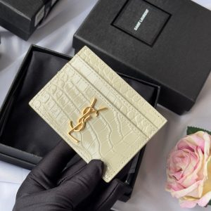 YSL Card Holder 10cm Wallet Cream Gold Crocodile Leather 240565