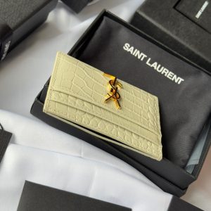 YSL Card Holder 10cm Wallet Cream Gold Crocodile Leather 240565