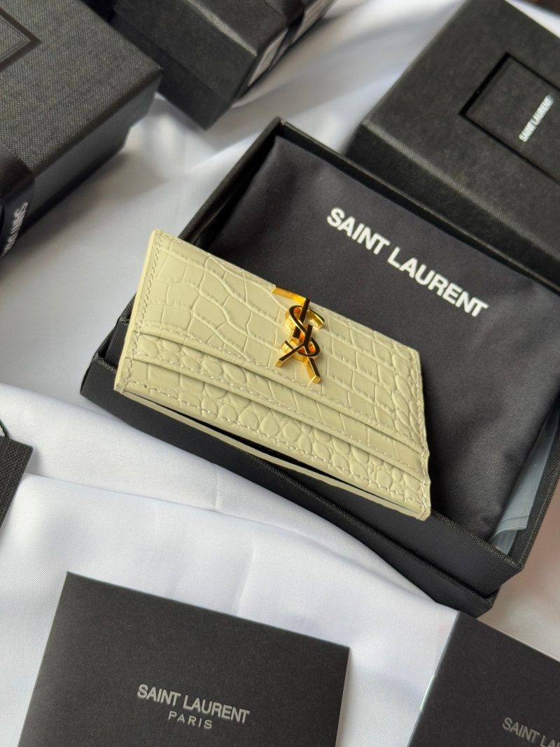 YSL Card Holder 10cm Wallet Cream Gold Crocodile Leather 240565
