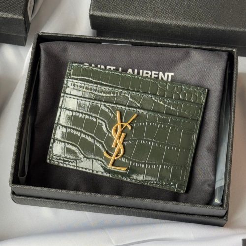 YSL Card Holder 10cm Wallet Dark Green Gold Crocodile Leather 240561
