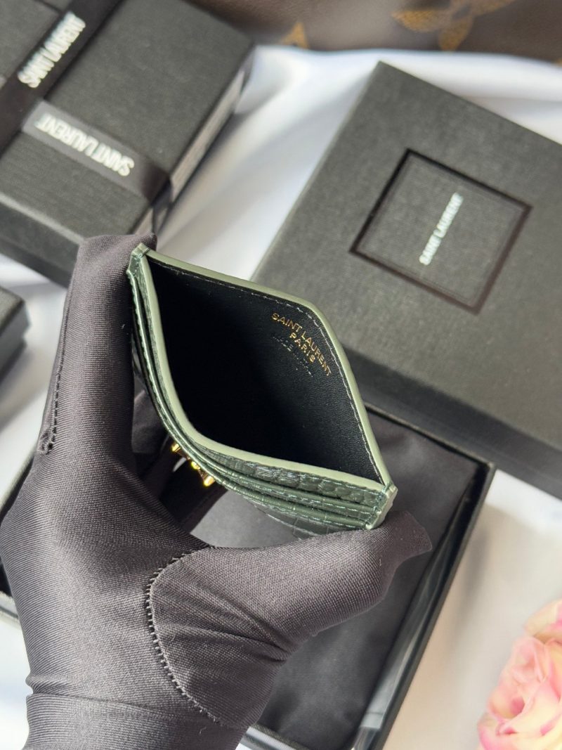 YSL Card Holder 10cm Wallet Dark Green Gold Crocodile Leather 240561