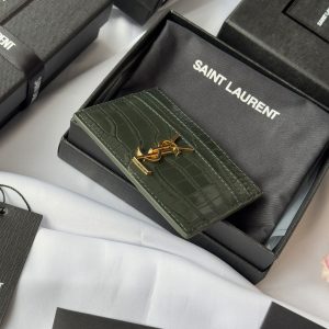YSL Card Holder 10cm Wallet Dark Green Gold Crocodile Leather 240561
