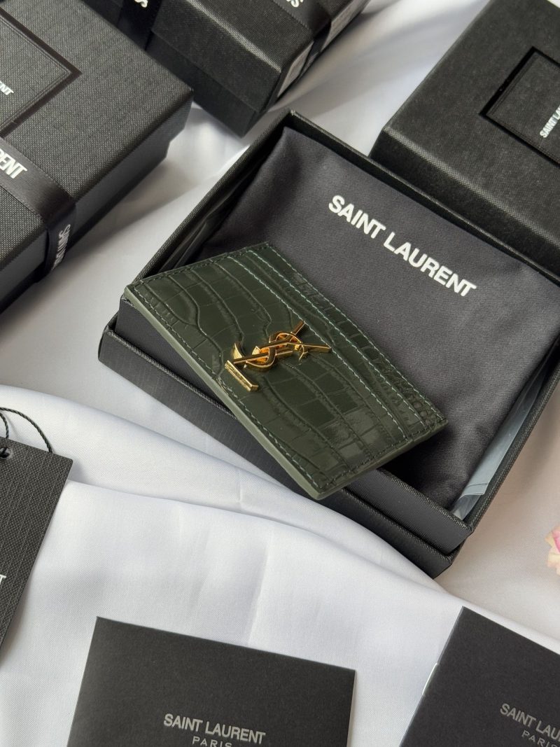 YSL Card Holder 10cm Wallet Dark Green Gold Crocodile Leather 240561