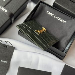 YSL Card Holder 10cm Wallet Dark Green Gold Crocodile Leather 240561