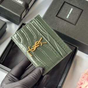 YSL Card Holder 10cm Wallet Dark Green Gold Crocodile Leather 240561