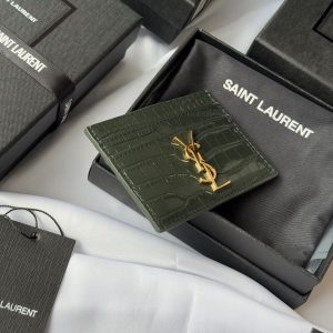 YSL Card Holder 10cm Wallet Dark Green Gold Crocodile Leather 240561