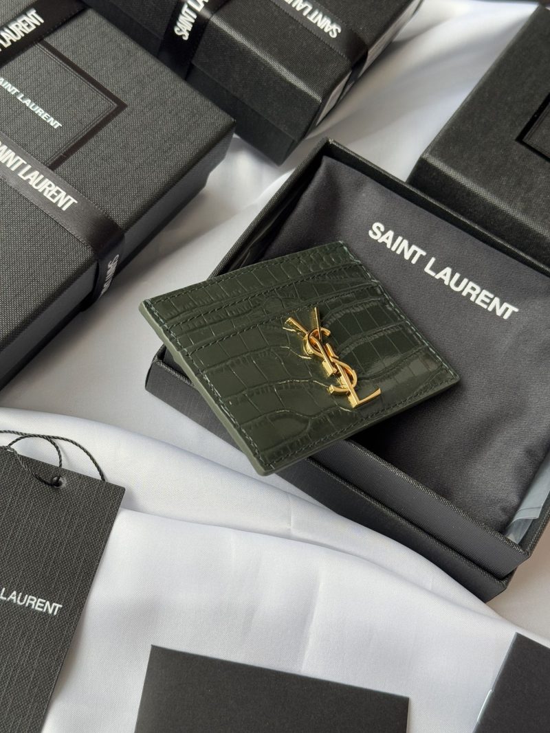 YSL Card Holder 10cm Wallet Dark Green Gold Crocodile Leather 240561