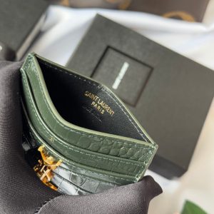 YSL Card Holder 10cm Wallet Dark Green Gold Crocodile Leather 240561