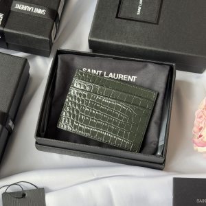 YSL Card Holder 10cm Wallet Dark Green Gold Crocodile Leather 240561