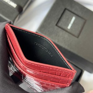 YSL Card Holder 10cm Wallet Burgundy Gold Crocodile Leather 240559