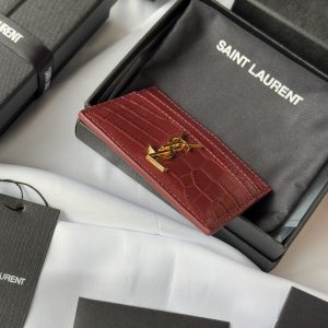 YSL Card Holder 10cm Wallet Burgundy Gold Crocodile Leather 240559