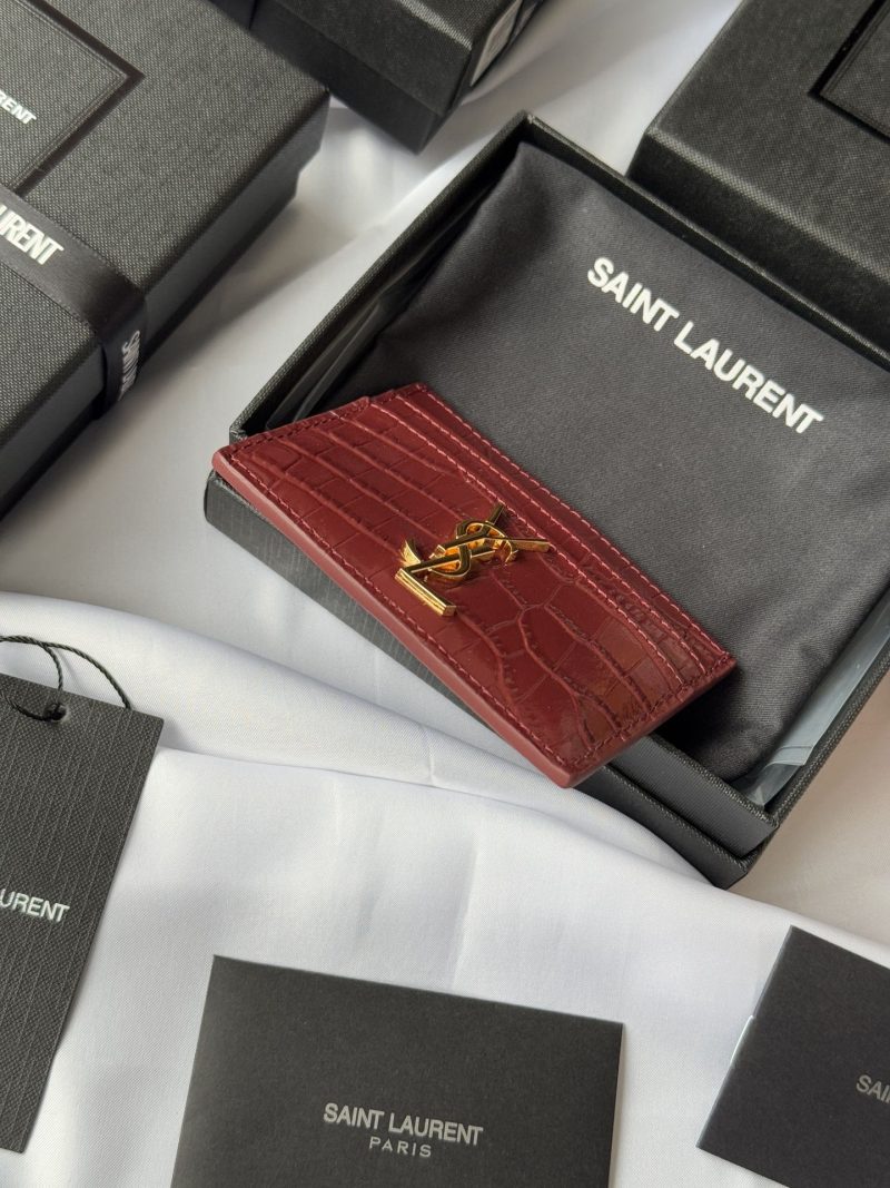 YSL Card Holder 10cm Wallet Burgundy Gold Crocodile Leather 240559