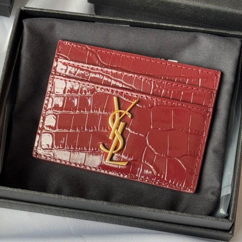 YSL Card Holder 10cm Wallet Burgundy Gold Crocodile Leather 240559