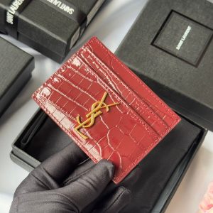 YSL Card Holder 10cm Wallet Burgundy Gold Crocodile Leather 240559