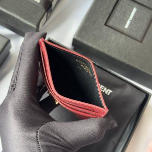 YSL Card Holder 10cm Wallet Burgundy Gold Crocodile Leather 240559