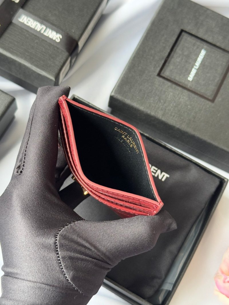 YSL Card Holder 10cm Wallet Burgundy Gold Crocodile Leather 240559