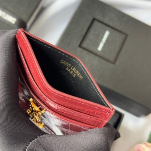 YSL Card Holder 10cm Wallet Burgundy Gold Crocodile Leather 240559