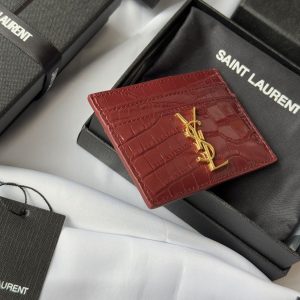 YSL Card Holder 10cm Wallet Burgundy Gold Crocodile Leather 240559