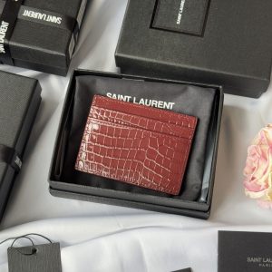 YSL Card Holder 10cm Wallet Burgundy Gold Crocodile Leather 240559