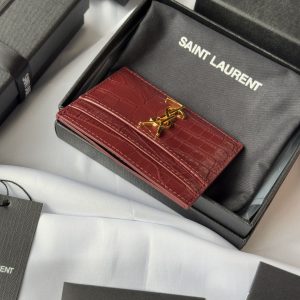 YSL Card Holder 10cm Wallet Burgundy Gold Crocodile Leather 240559
