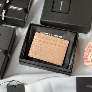 YSL Card Holder 10cm Wallet Pink Gold Crocodile Leather 240557