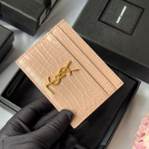 YSL Card Holder 10cm Wallet Pink Gold Crocodile Leather 240557