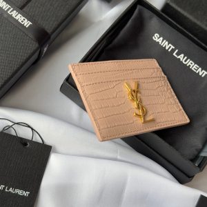 YSL Card Holder 10cm Wallet Pink Gold Crocodile Leather 240557