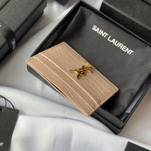 YSL Card Holder 10cm Wallet Pink Gold Crocodile Leather 240557