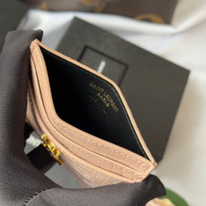 YSL Card Holder 10cm Wallet Pink Gold Crocodile Leather 240557