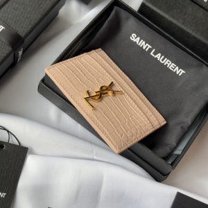 YSL Card Holder 10cm Wallet Pink Gold Crocodile Leather 240557