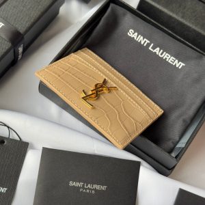 YSL Card Holder 10cm Wallet Beige Gold Crocodile Leather 240555