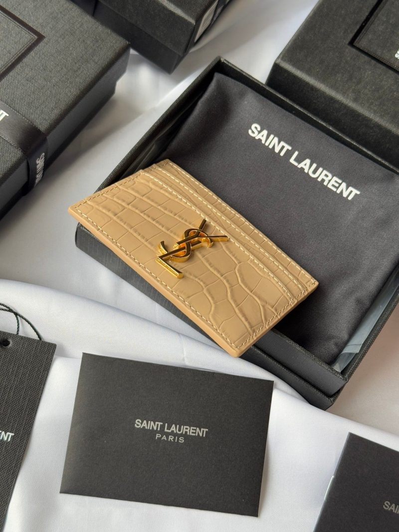 YSL Card Holder 10cm Wallet Beige Gold Crocodile Leather 240555