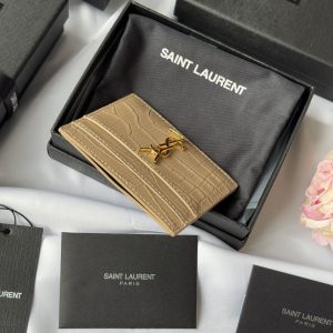YSL Card Holder 10cm Wallet Beige Gold Crocodile Leather 240555