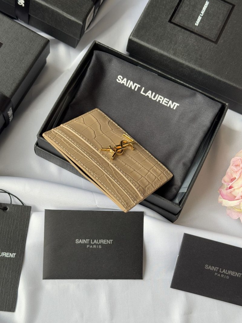 YSL Card Holder 10cm Wallet Beige Gold Crocodile Leather 240555