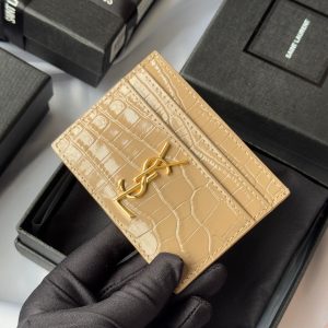 YSL Card Holder 10cm Wallet Beige Gold Crocodile Leather 240555