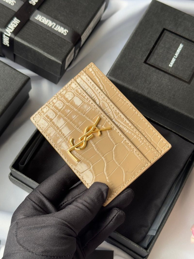 YSL Card Holder 10cm Wallet Beige Gold Crocodile Leather 240555