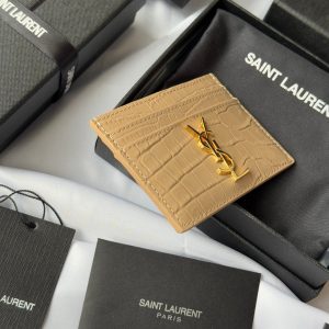 YSL Card Holder 10cm Wallet Beige Gold Crocodile Leather 240555