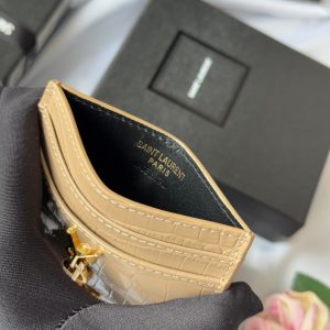 YSL Card Holder 10cm Wallet Beige Gold Crocodile Leather 240555