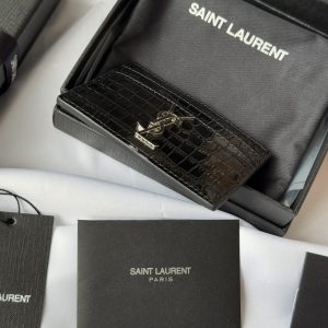 YSL Card Holder 10cm Wallet Black Silver Crocodile Leather 240554