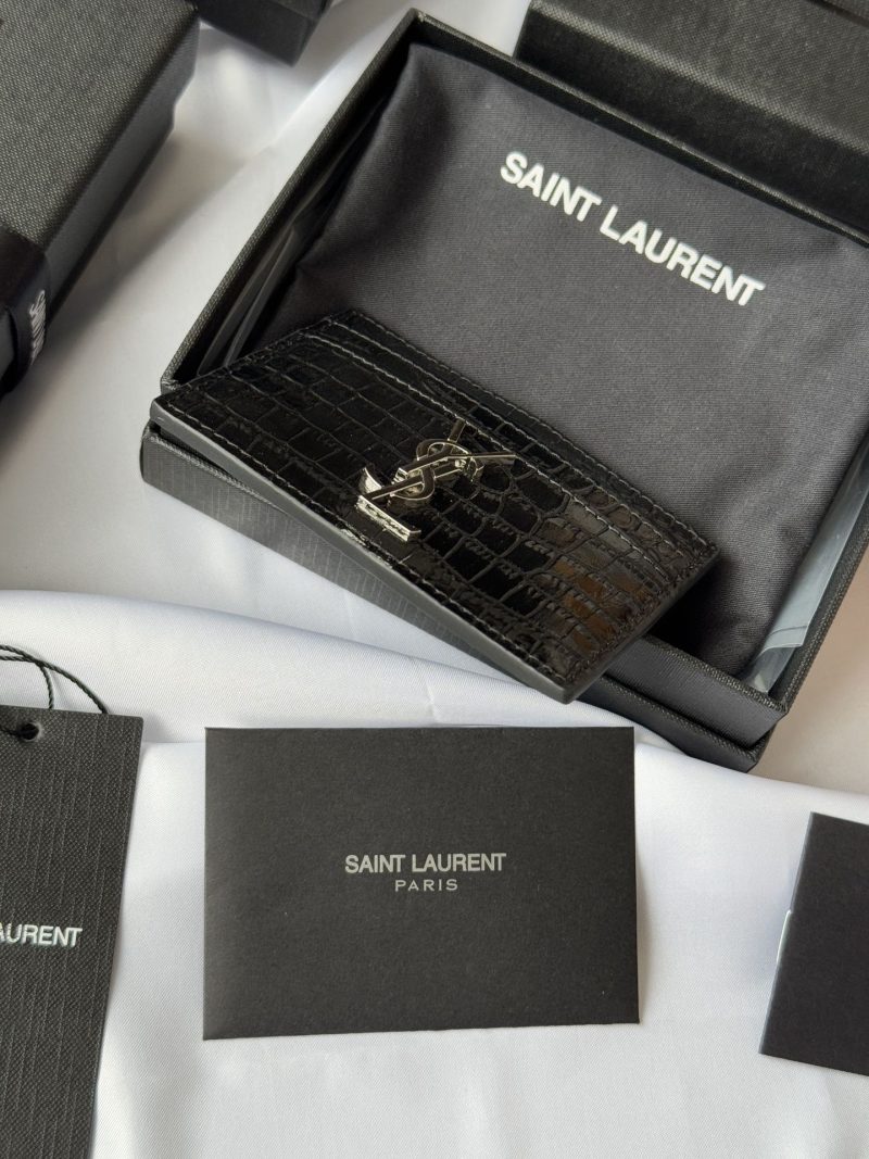 YSL Card Holder 10cm Wallet Black Silver Crocodile Leather 240554